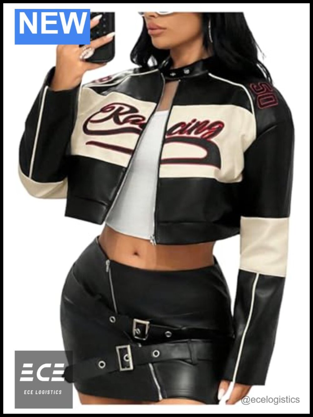 Faux Leather Zip Up Crop Graphic Jacket